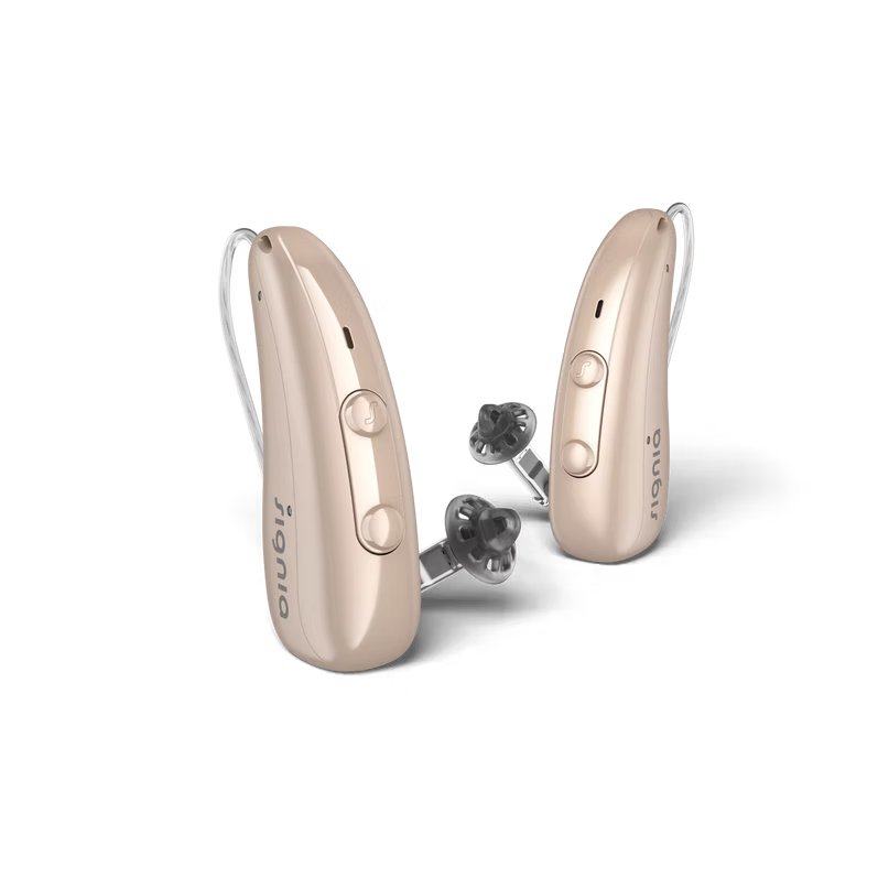 Et par Signia Pure høreapparater i  lys beige