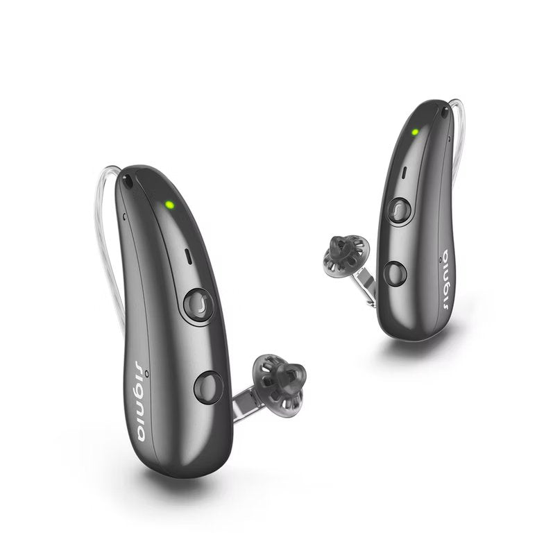 Et par Signia Pure høreapparater i blank sort