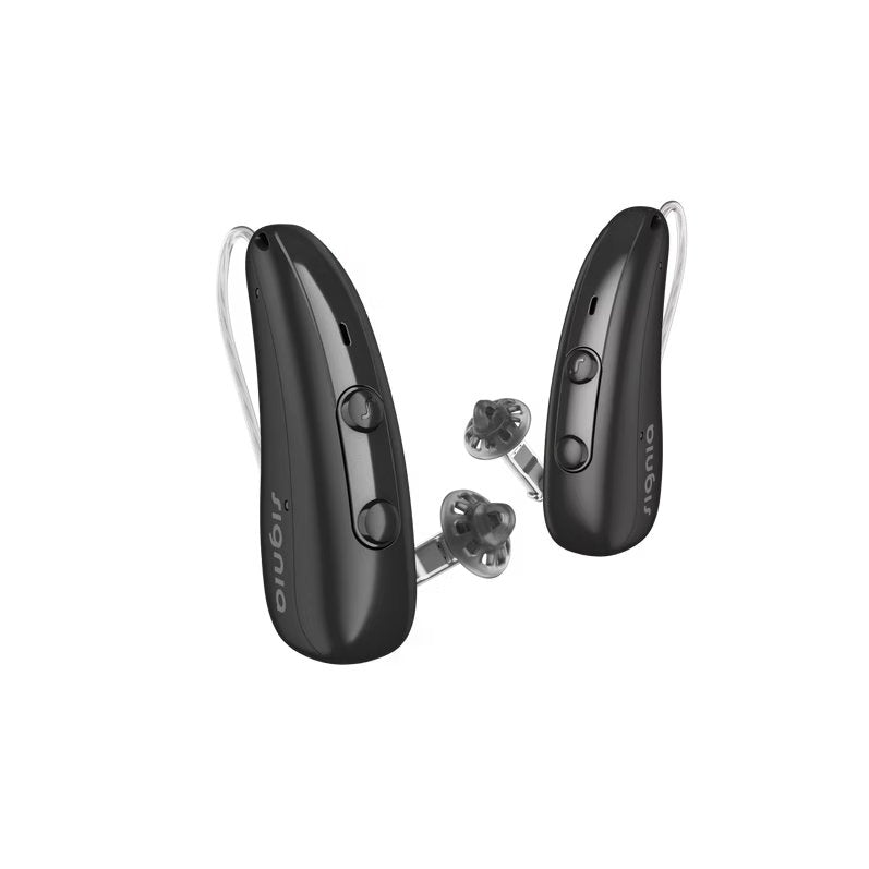 Et par Signia Pure høreapparater i mat sort