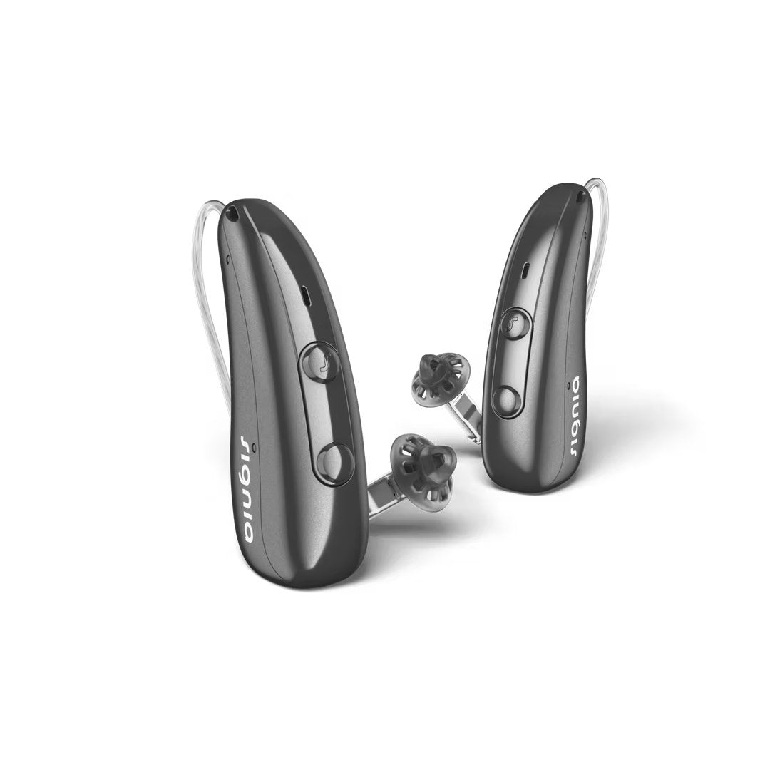 Et par Signia Pure høreapparater i mat sort