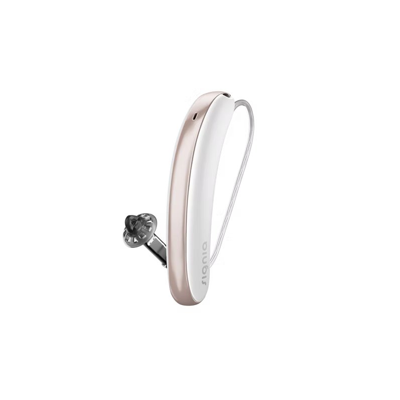 Et Signia Styletto høreapparat i hvid og rosa