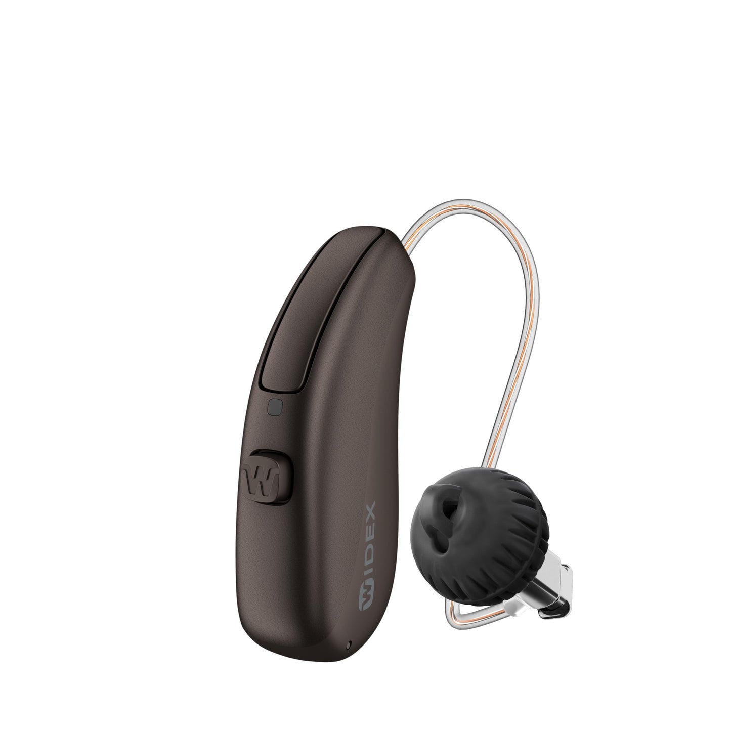 Et WIDEX Allure høreapparat i mørk brun